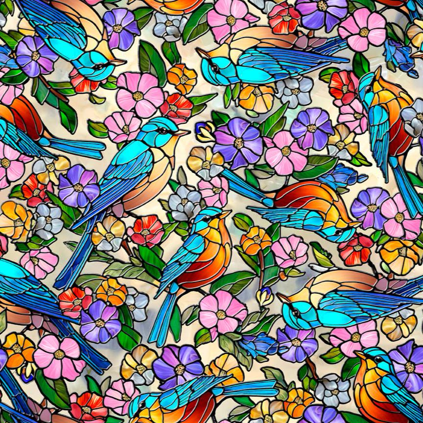 Sunlit Birds / Stained Glass Birds & Floral in Tan