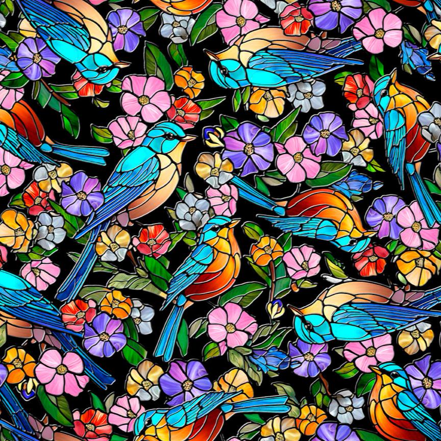 Sunlit Birds / Stained Glass Birds & Floral in Black