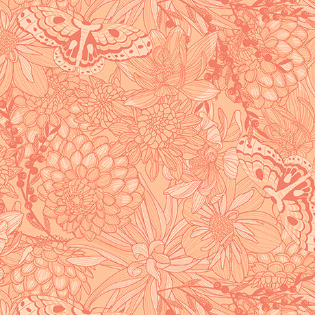Dahlias at Dusk / Tonal Floral & Butterflies in Salmon