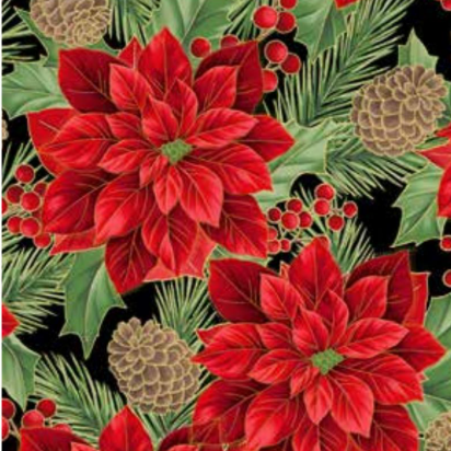 Christmas Wish / Poinsettias & Pine Cones in Black & Gold