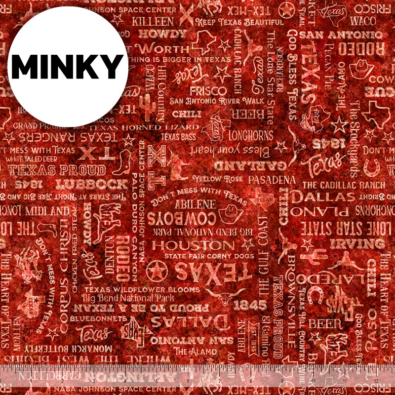 2026 All Texas Shop Hop Minky / Texas Text in Brick