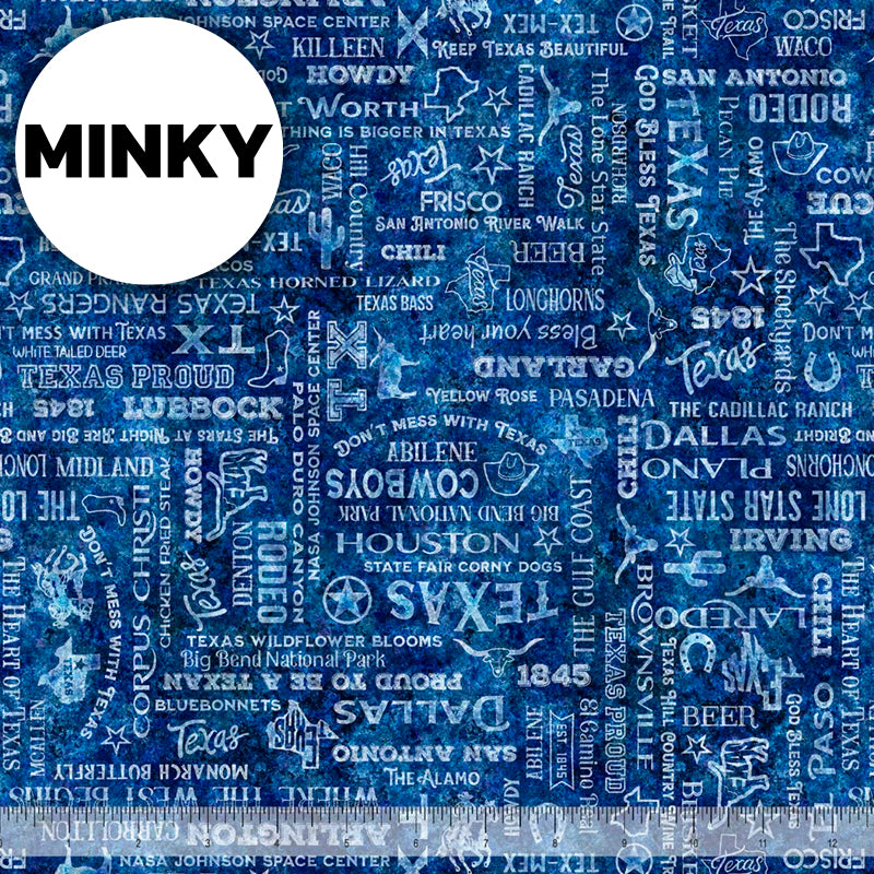2026 All Texas Shop Hop Minky / Texas Text in Indigo