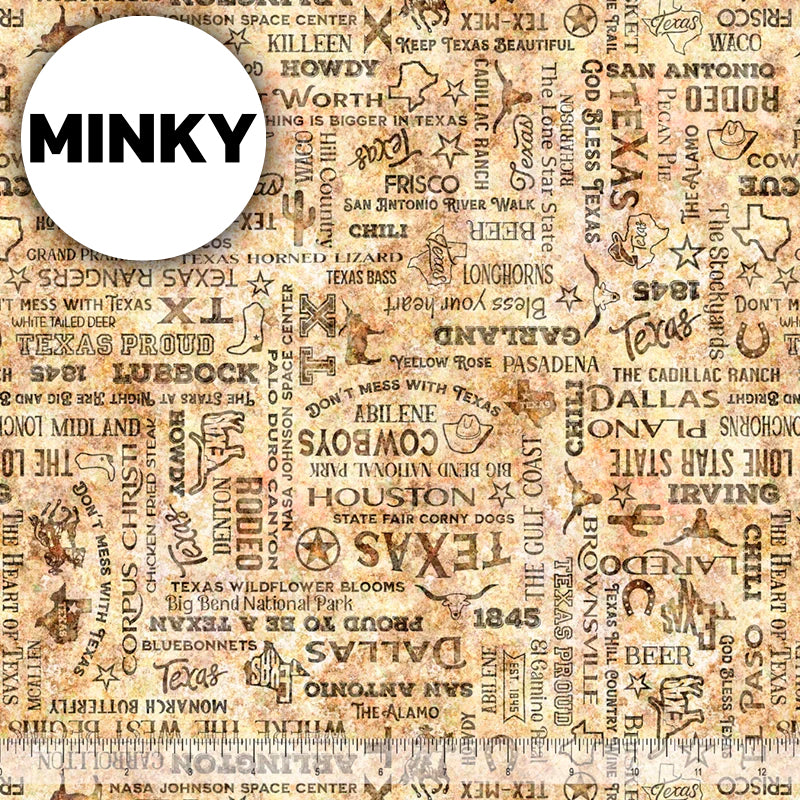 2026 All Texas Shop Hop Minky / Texas Text in Tan