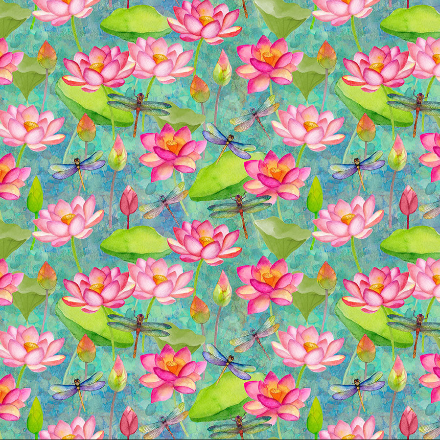 Lily Pond / Dragonfly Floral in Light Teal