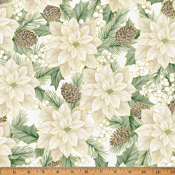 Christmas Wish / Poinsettias & Pine Cones in Parchment & Gold