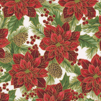 Christmas Wish / Poinsettias & Pine Cones in Natural & Gold