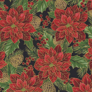 Christmas Wish / Poinsettias & Pine Cones in Black & Gold